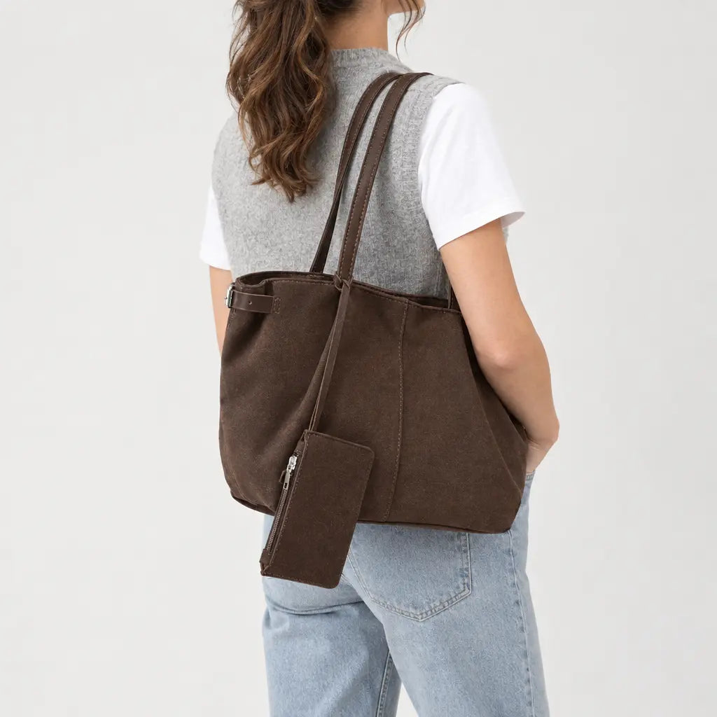 Sac cabas femme en daim - cafe - 2 porte-arriere