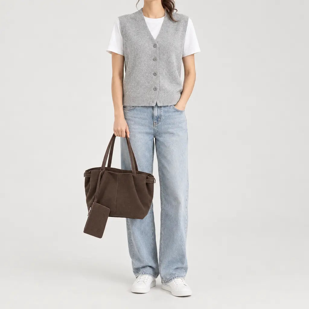Sac cabas femme en daim - cafe - 3 porte-face