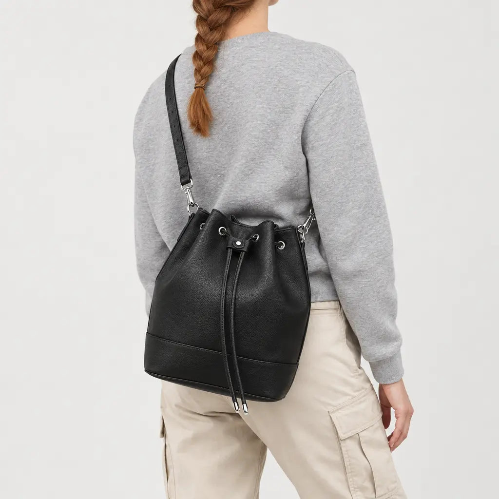Sac seau femme en cuir - noir - 2 porte-arriere
