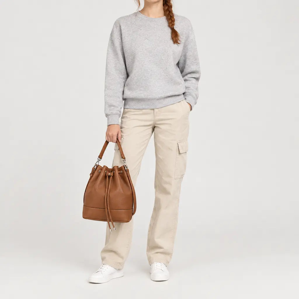 Sac seau femme en cuir - marron - 3 porte-face