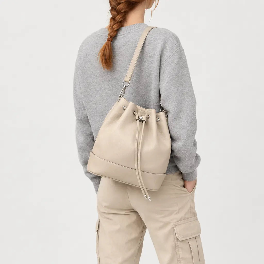 Sac seau femme en cuir - beige - 2 porte-arriere