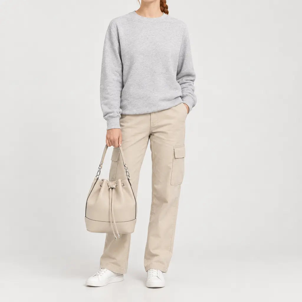 Sac seau femme en cuir - beige - 3 porte-face