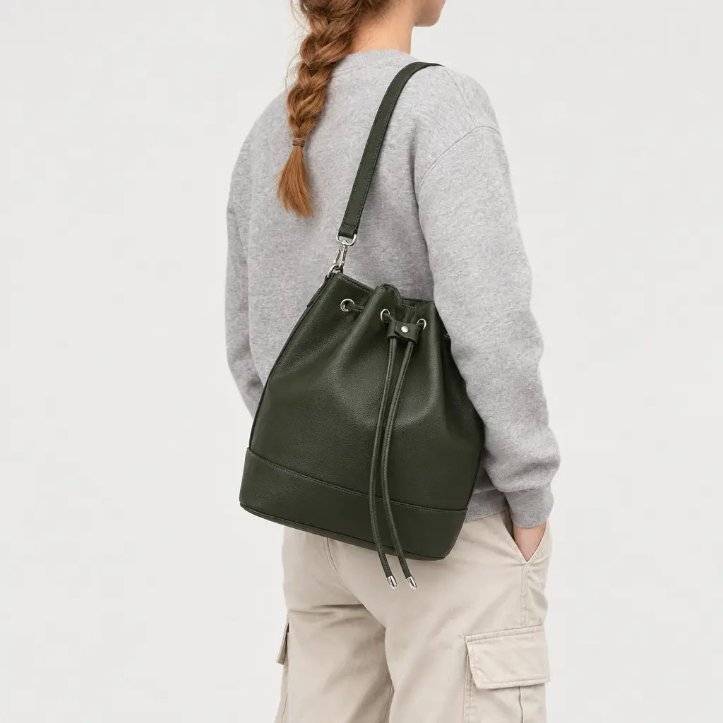 Sac seau femme en cuir - vert fonce - 2 porte-arriere