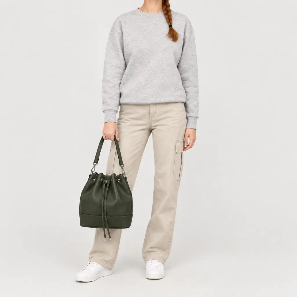 Sac seau femme en cuir - vert fonce - 3 porte-face