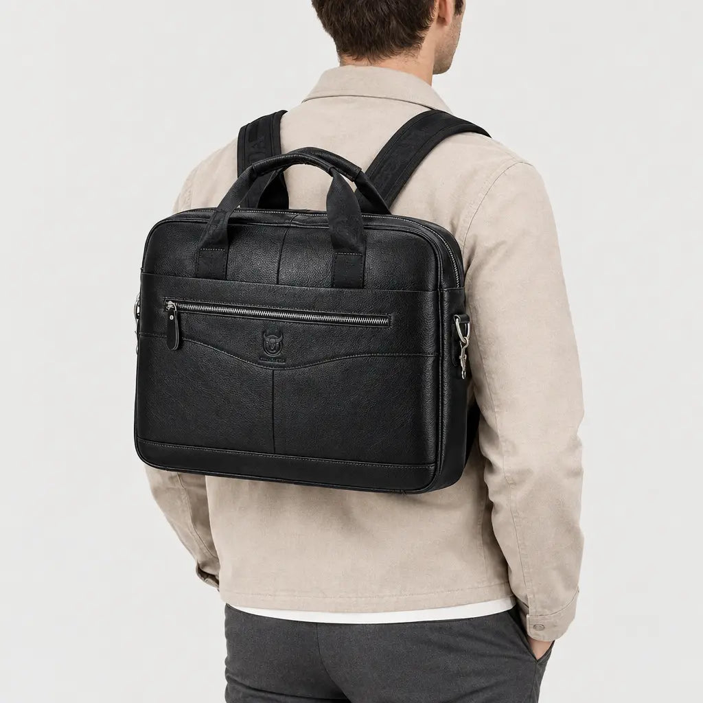 Sac ordinateur homme en cuir à bandoulière réglable - noir - 2 porte-arriere