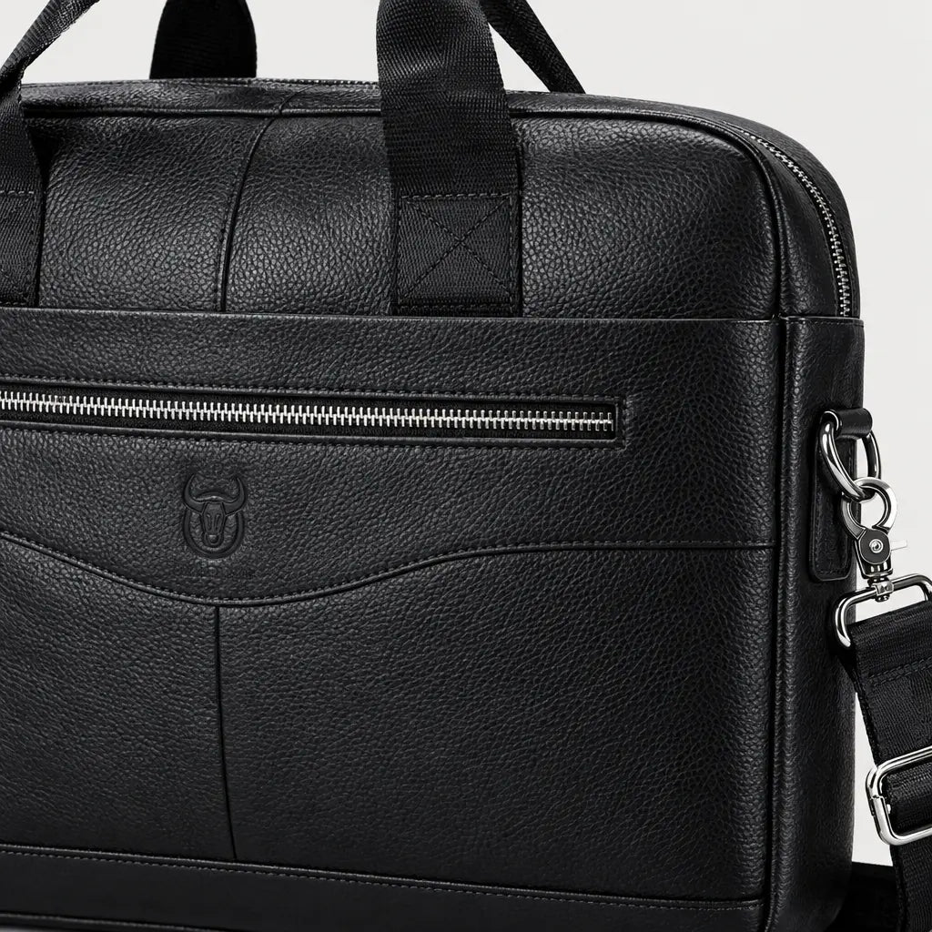 Sac ordinateur homme en cuir à bandoulière réglable - noir - 4 macro
