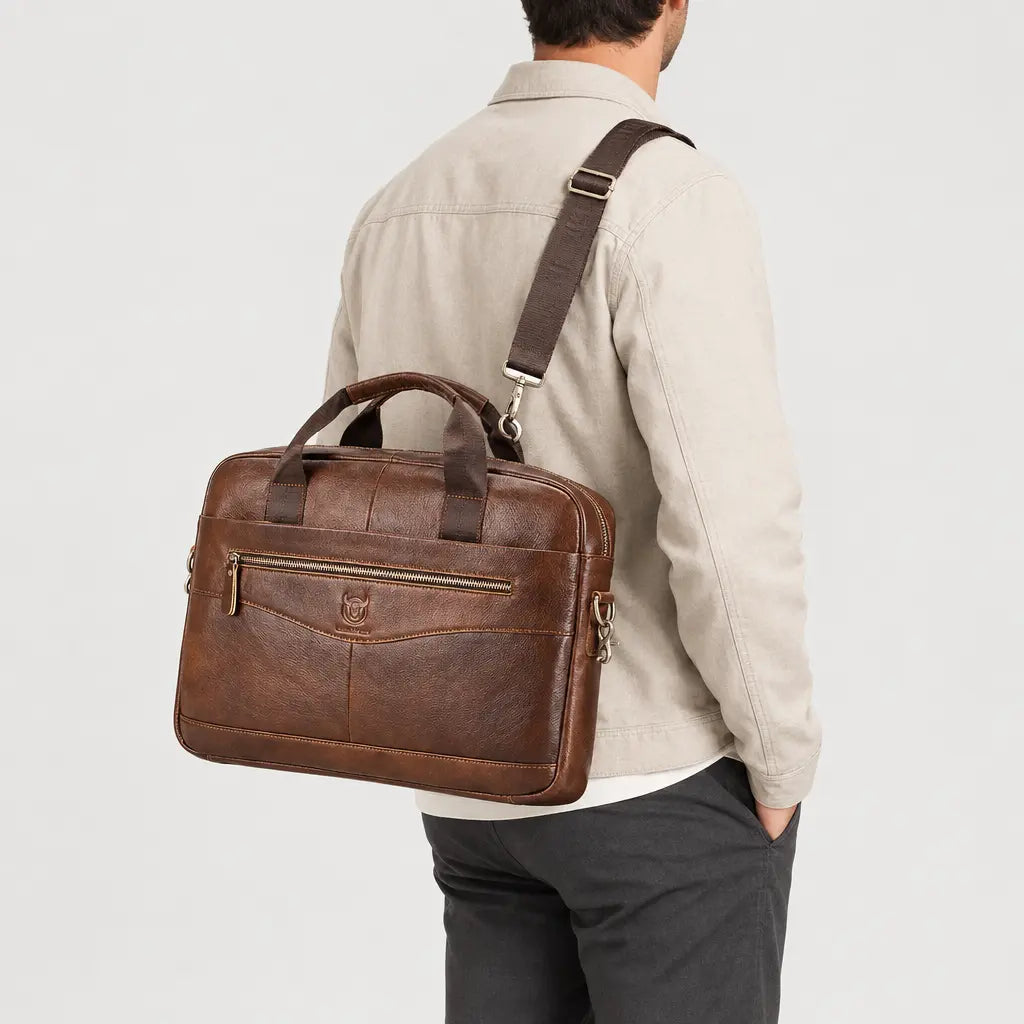 Sac ordinateur homme en cuir à bandoulière réglable - marron - 2 porte-arriere