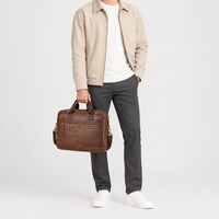 Sac ordinateur homme en cuir à bandoulière réglable - marron - 3 porte-face