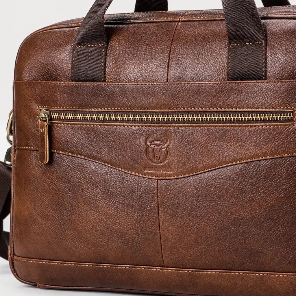 Sac ordinateur homme en cuir à bandoulière réglable - marron - 4 macro