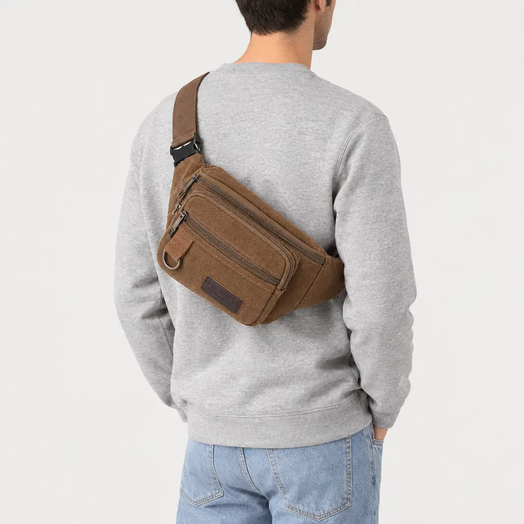 Sac banane homme en toile - marron - 2 porte-arriere