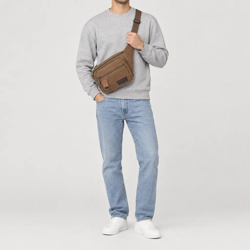 Sac banane homme en toile - marron - 3 porte-face