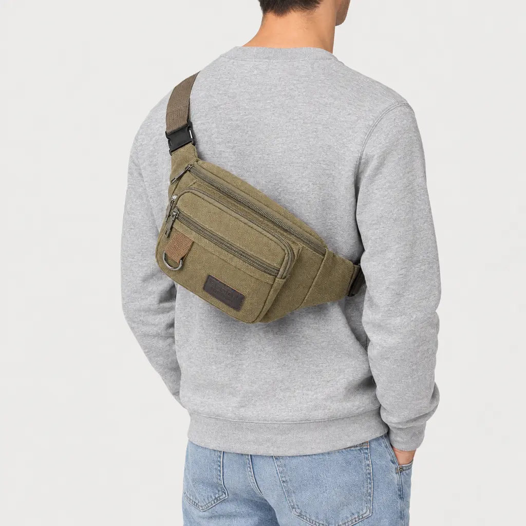 Sac banane homme en toile - kaki - 2 porte-arriere