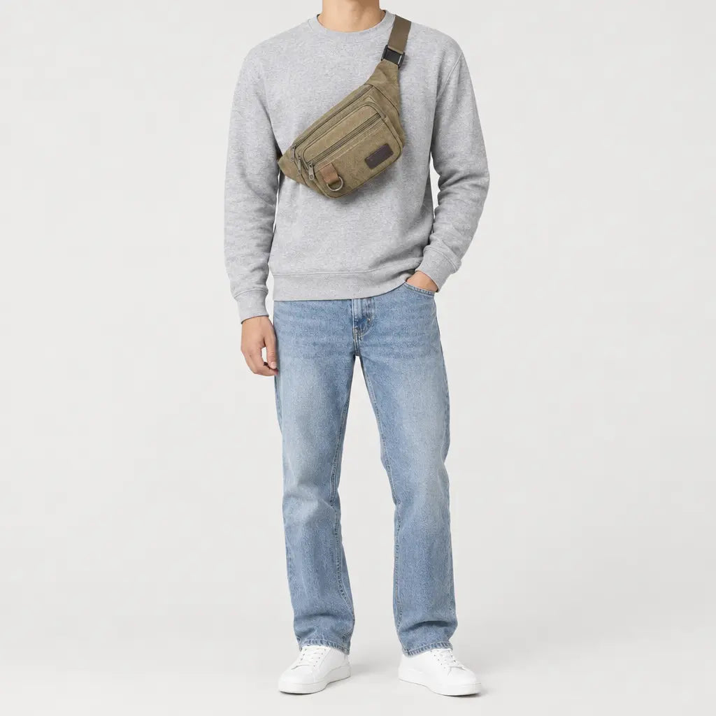 Sac banane homme en toile - kaki - 3 porte-face