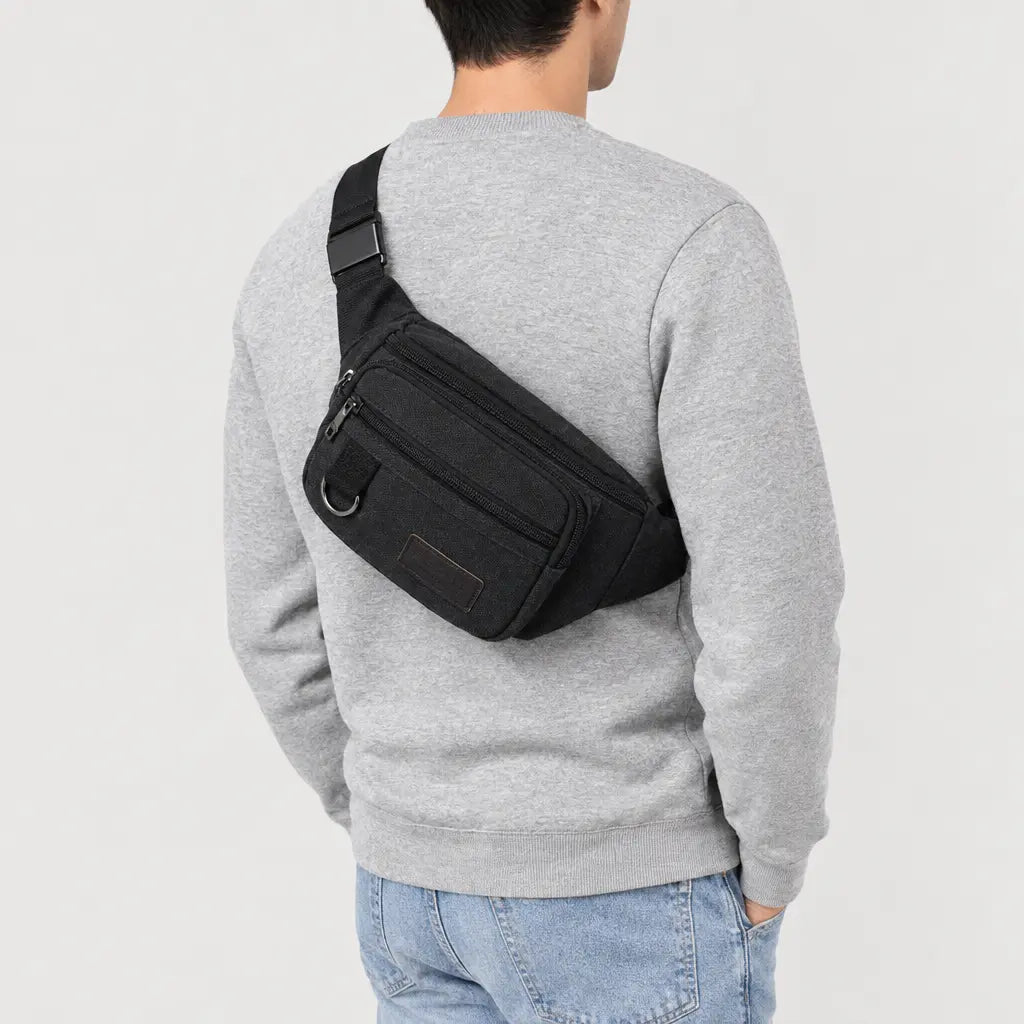 Sac banane homme en toile - noir - 2 porte-arriere
