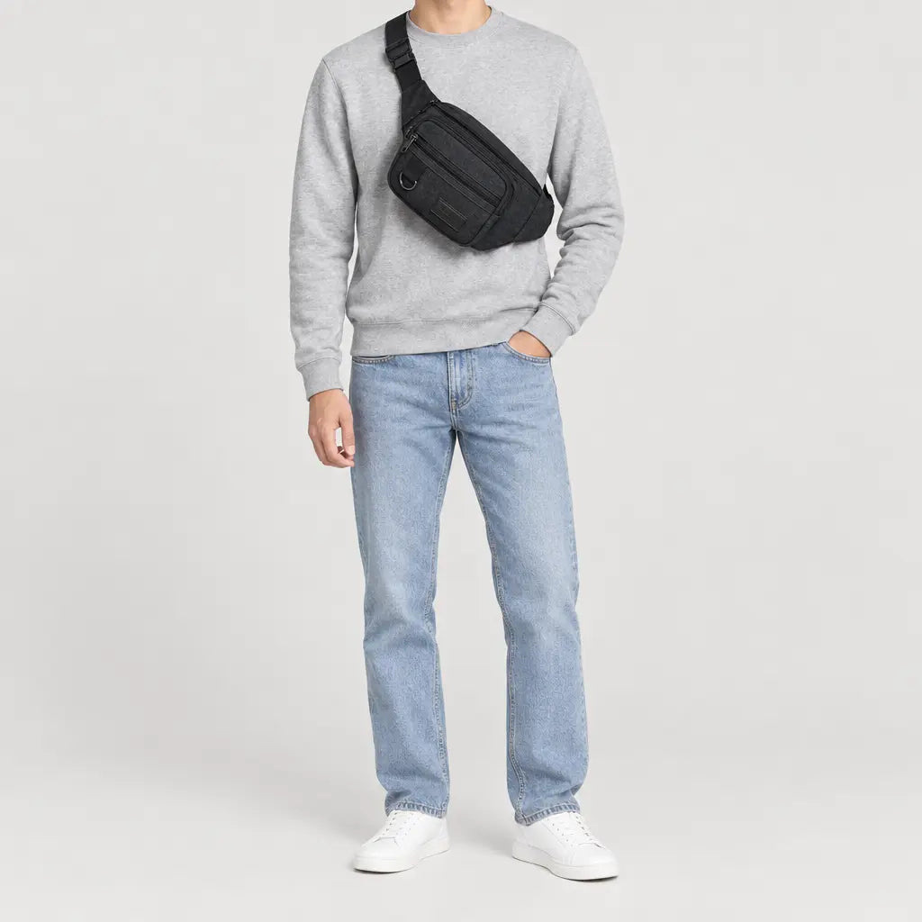 Sac banane homme en toile - noir - 3 porte-face