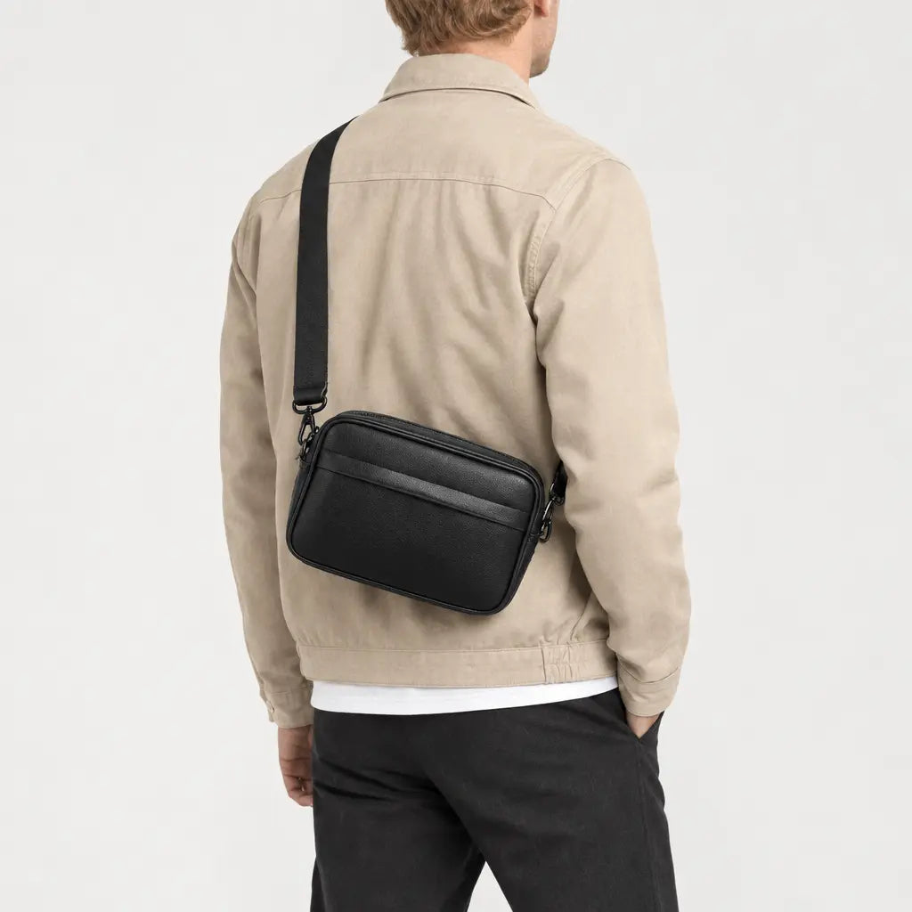 Sac bandoulière homme en simili cuir - noir - 2 porte-arriere