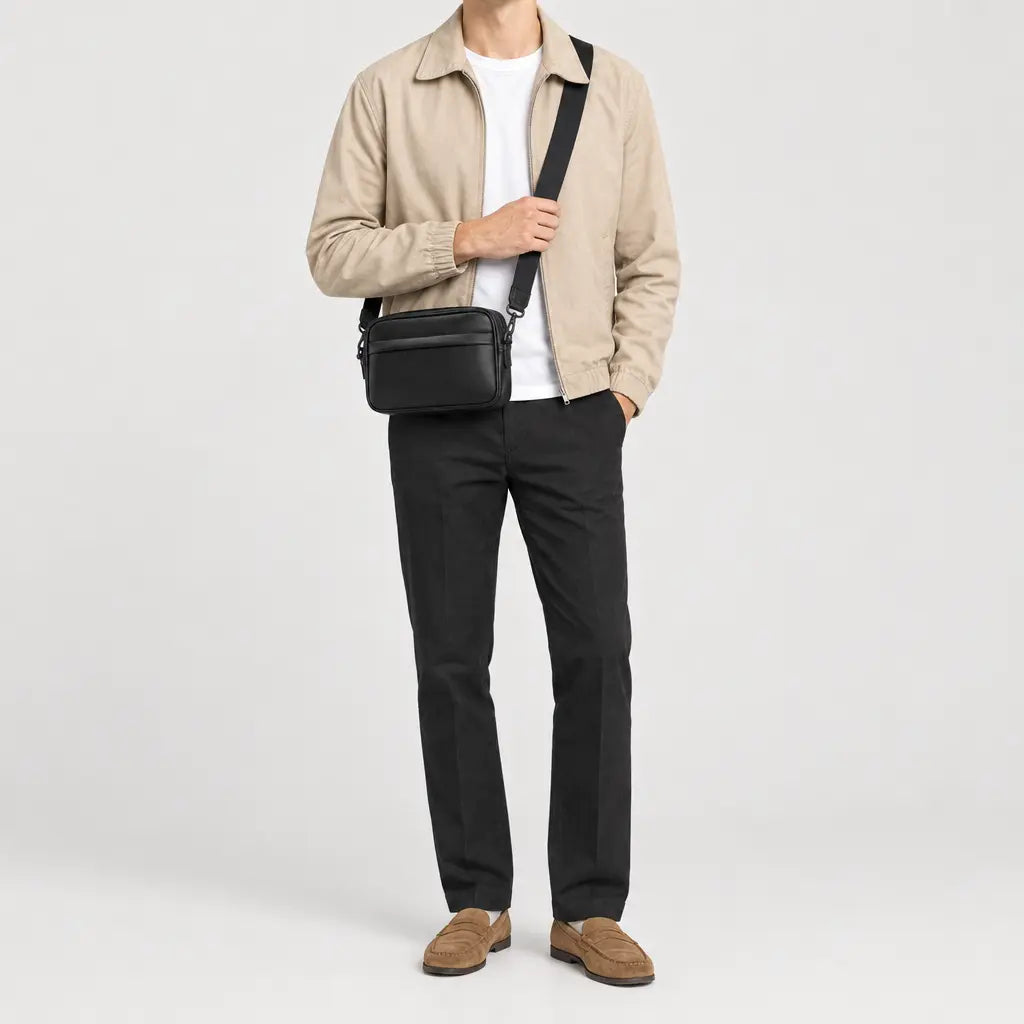 Sac bandoulière homme en simili cuir - noir - 3 porte-face