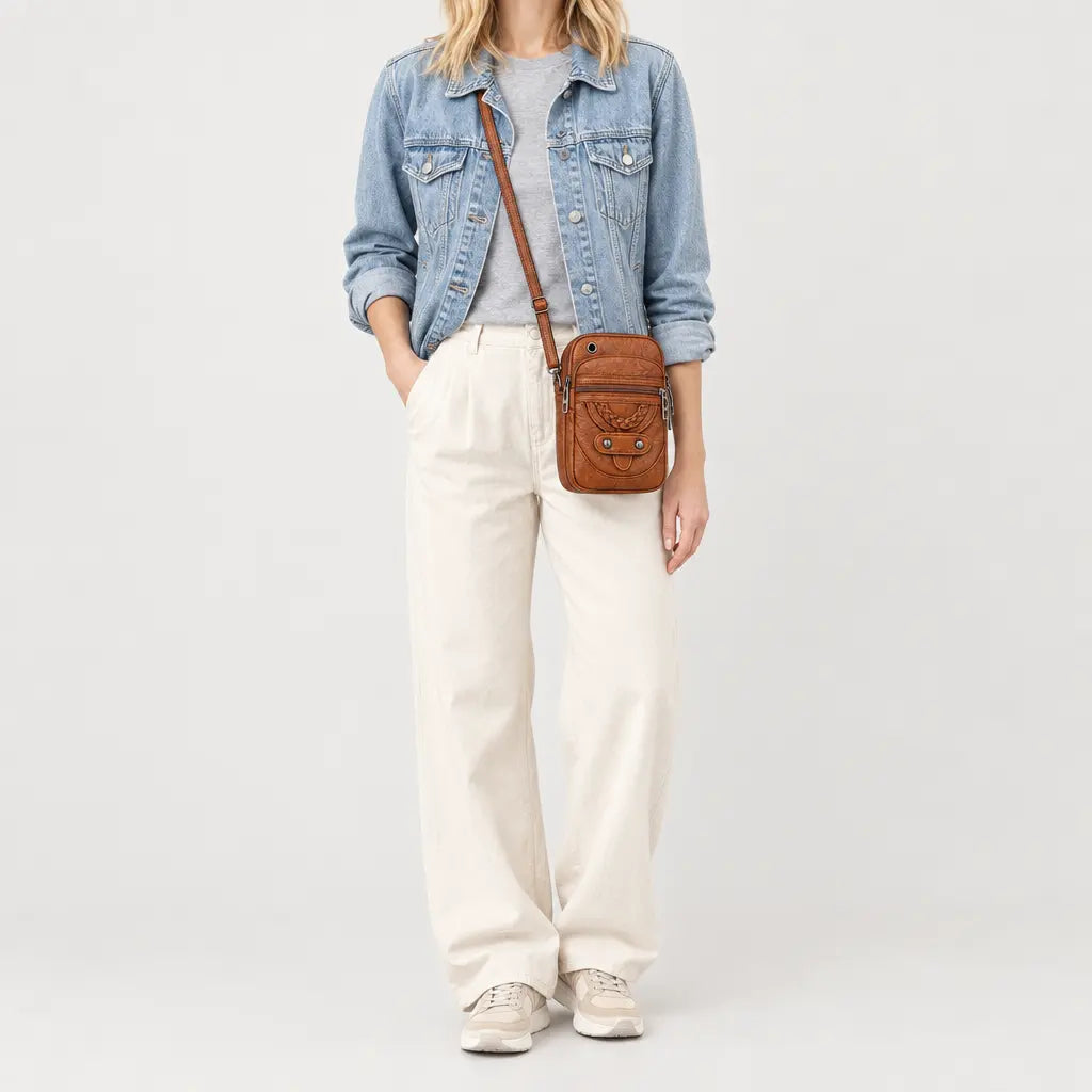 Sac bandoulière femme en simili cuir - marron - 3 porte-face