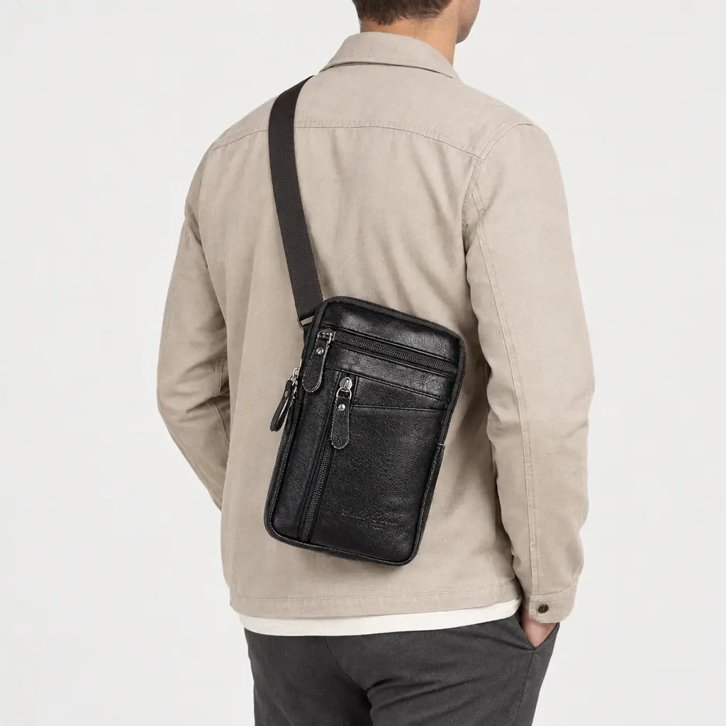 Sac banane homme en simili cuir - noir - 2 porte-arriere