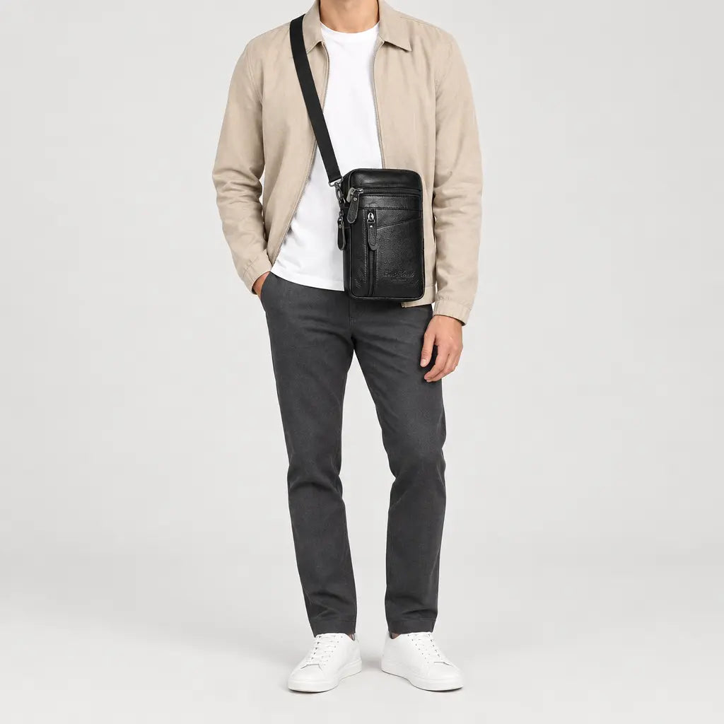 Sac banane homme en simili cuir - noir - 3 porte-face