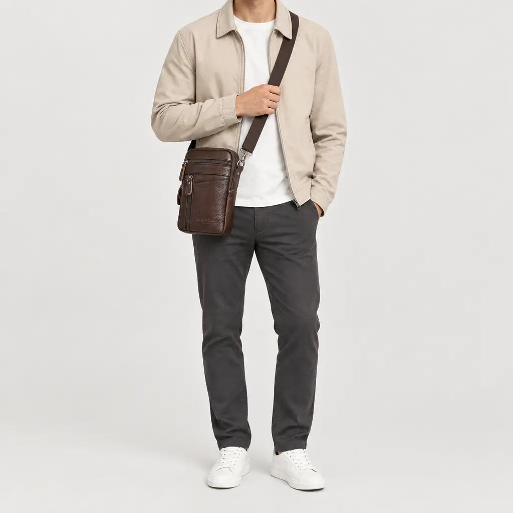 Sac banane homme en simili cuir - cafe - 3 porte-face