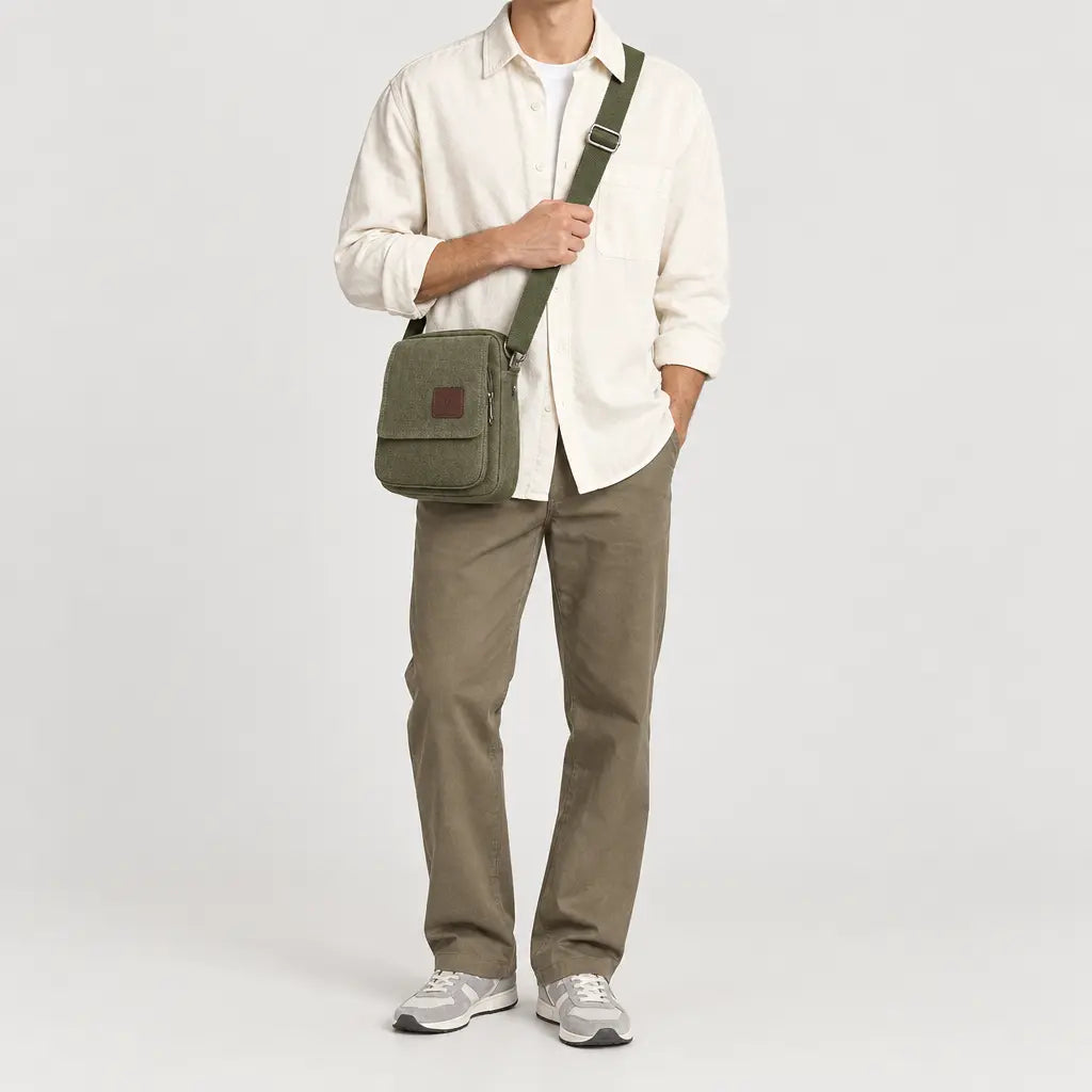 Sac bandoulière homme en toile - vert armee - 3 porte-face