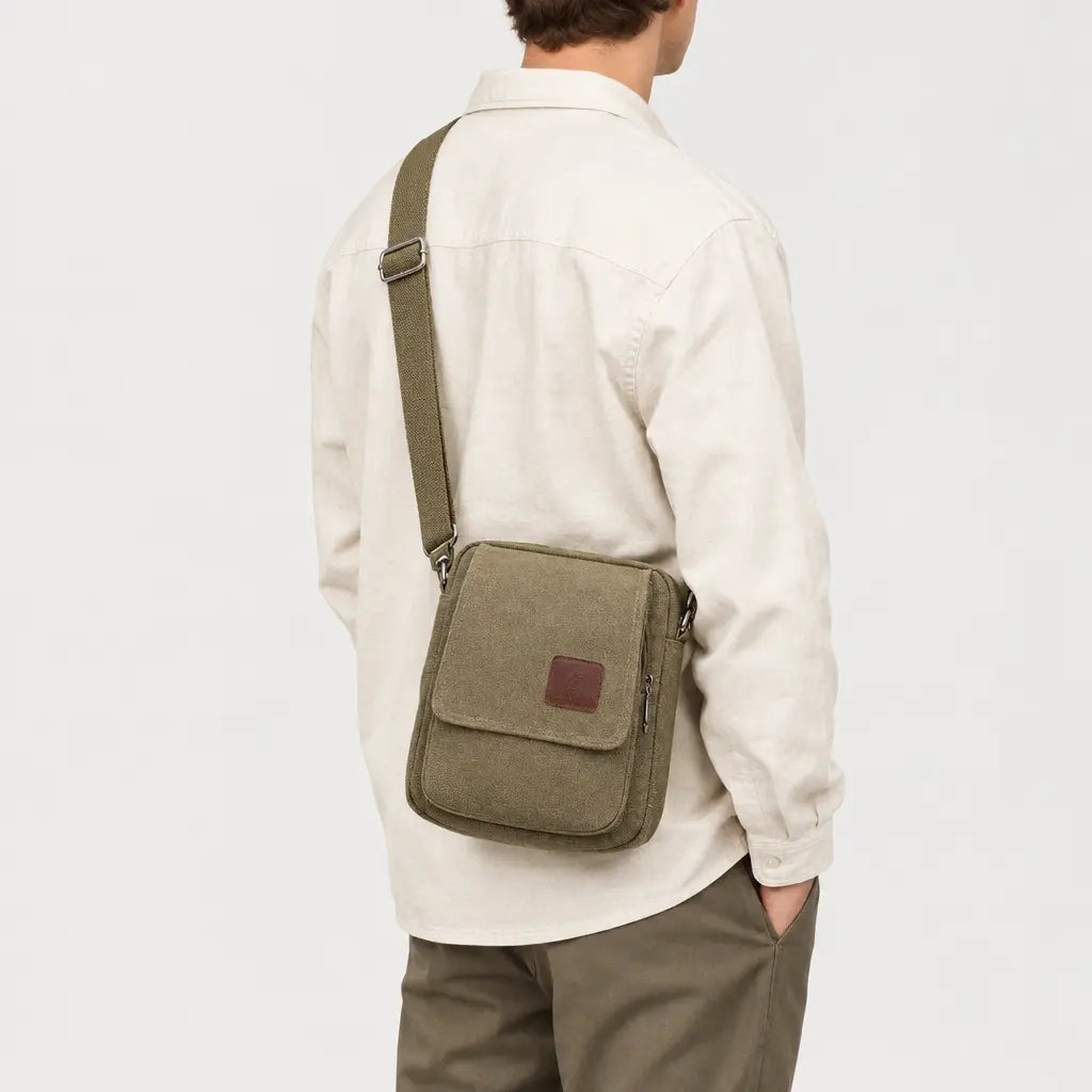 Sac bandoulière homme en toile - kaki - 2 porte-arriere
