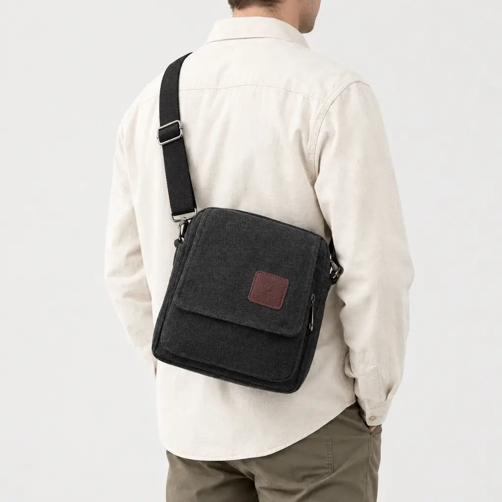 Sac bandoulière homme en toile - noir - 2 porte-arriere