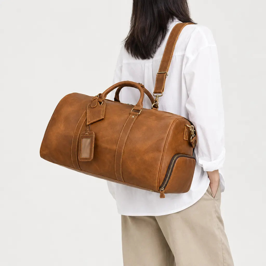 Sac de voyage week-end en cuir véritable - marron clair - 2 porte-arriere