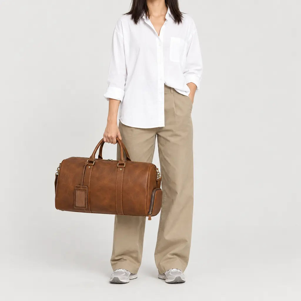 Sac de voyage week-end en cuir véritable - marron - 3 porte-face