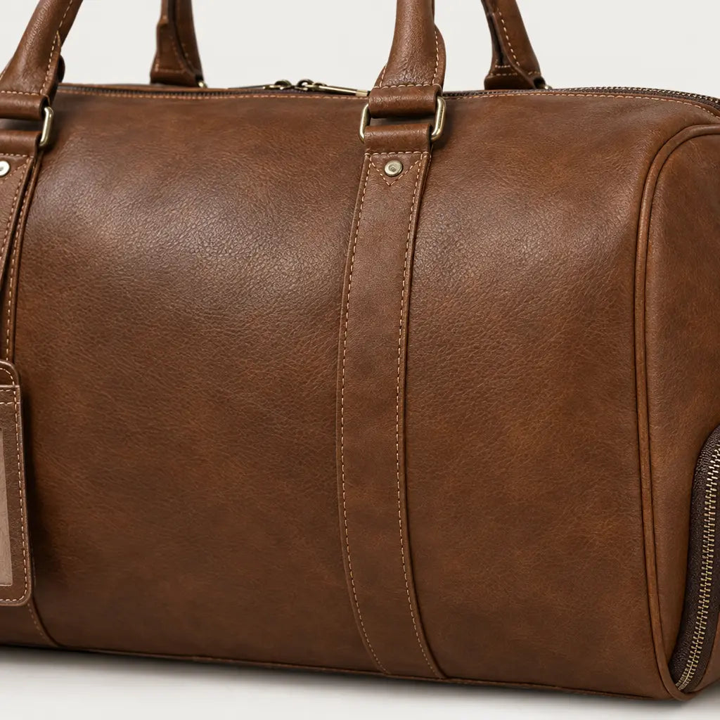 Sac de voyage week-end en cuir véritable - marron - 4 macro