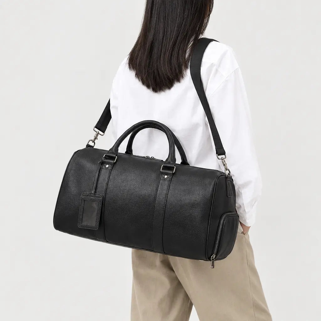 Sac de voyage week-end en cuir véritable - noir - 2 porte-arriere