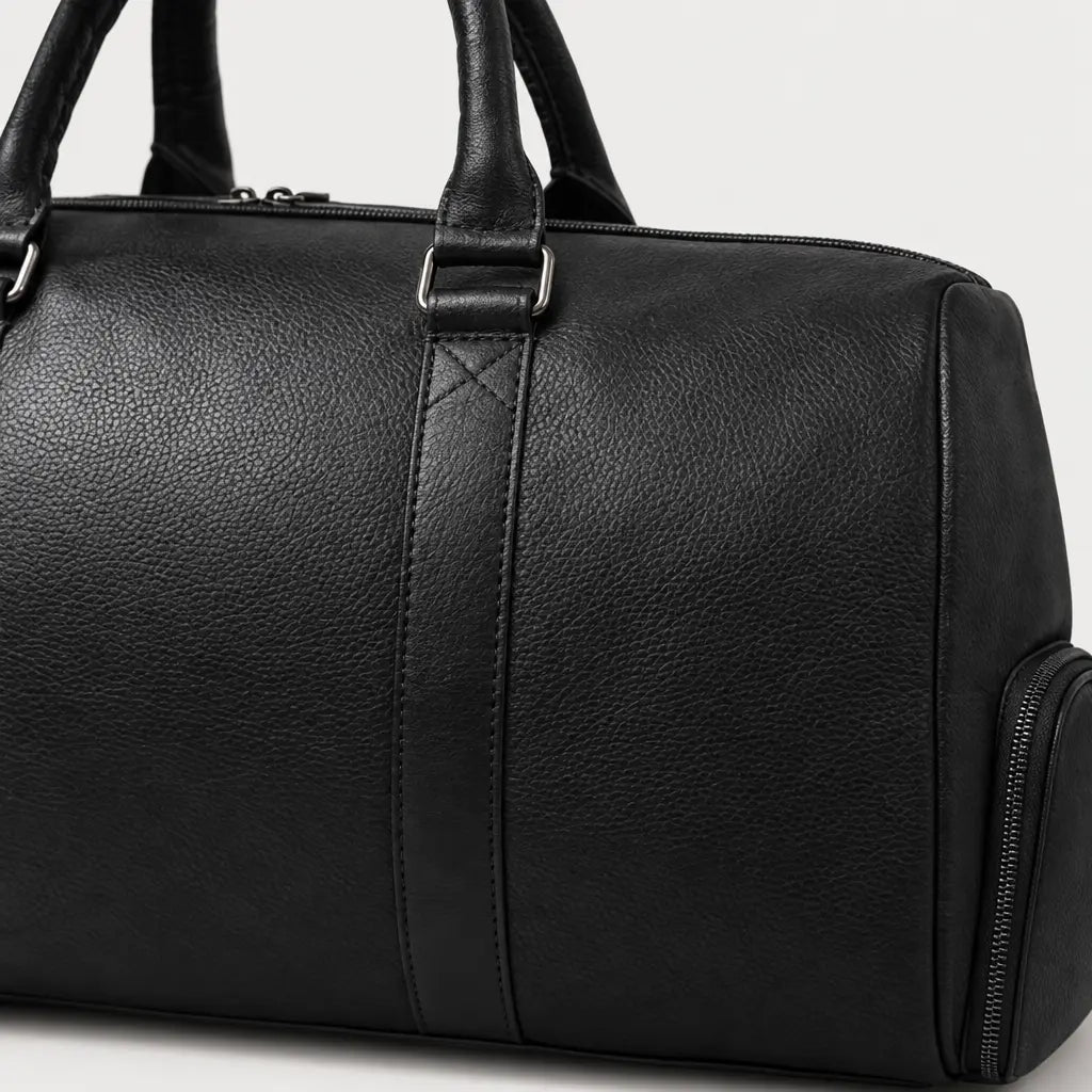 Sac de voyage week-end en cuir véritable - noir - 4 macro