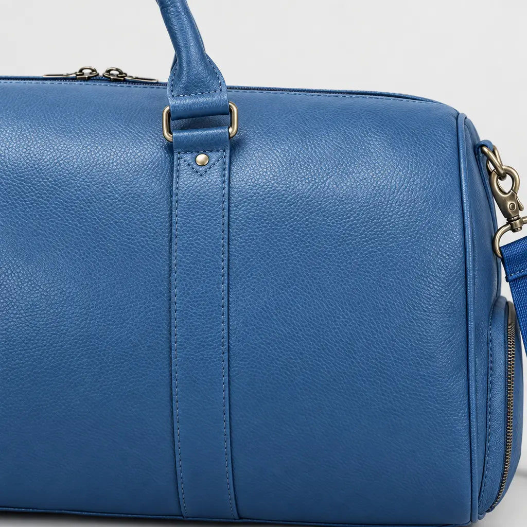 Sac de voyage week-end en cuir véritable - bleu - 4 macro